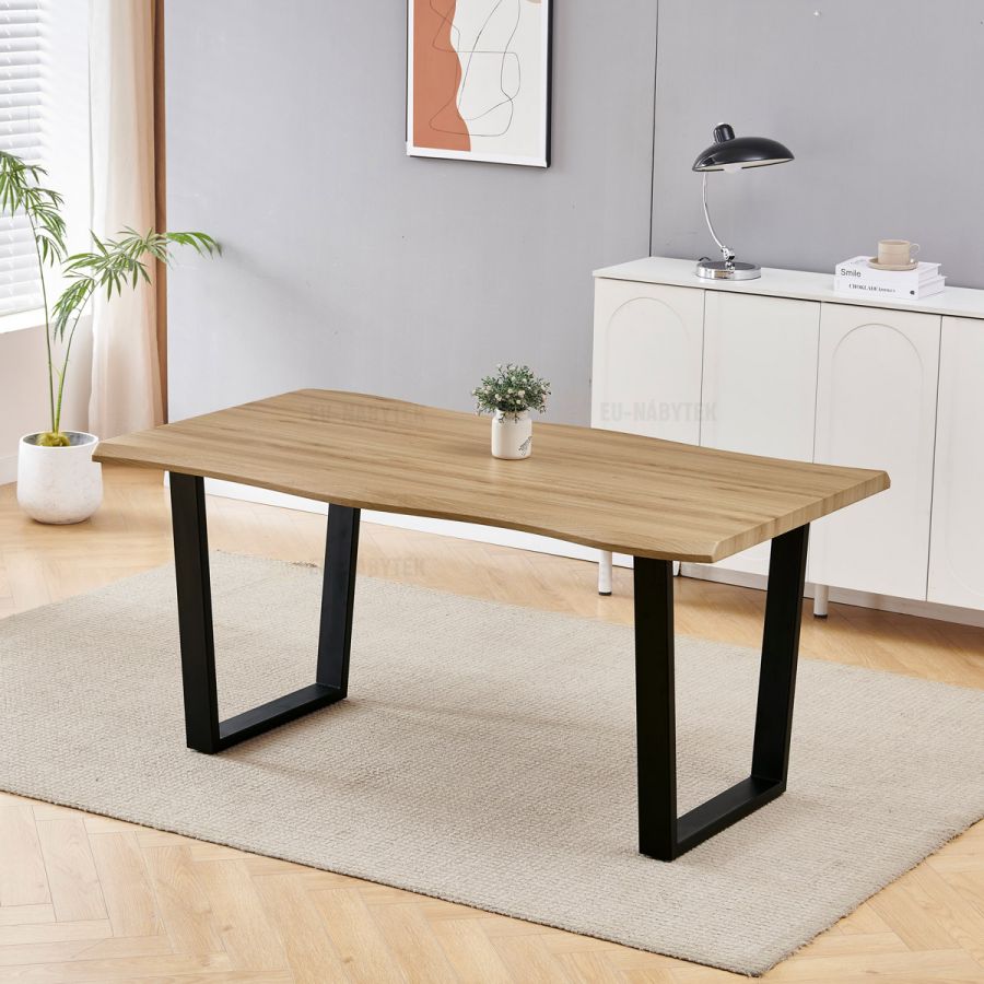 Stůl jídelní, 160x90x75 cm, MDF deska, dekor divoký dub, kovová nohy ve tvaru U, černý matný lak