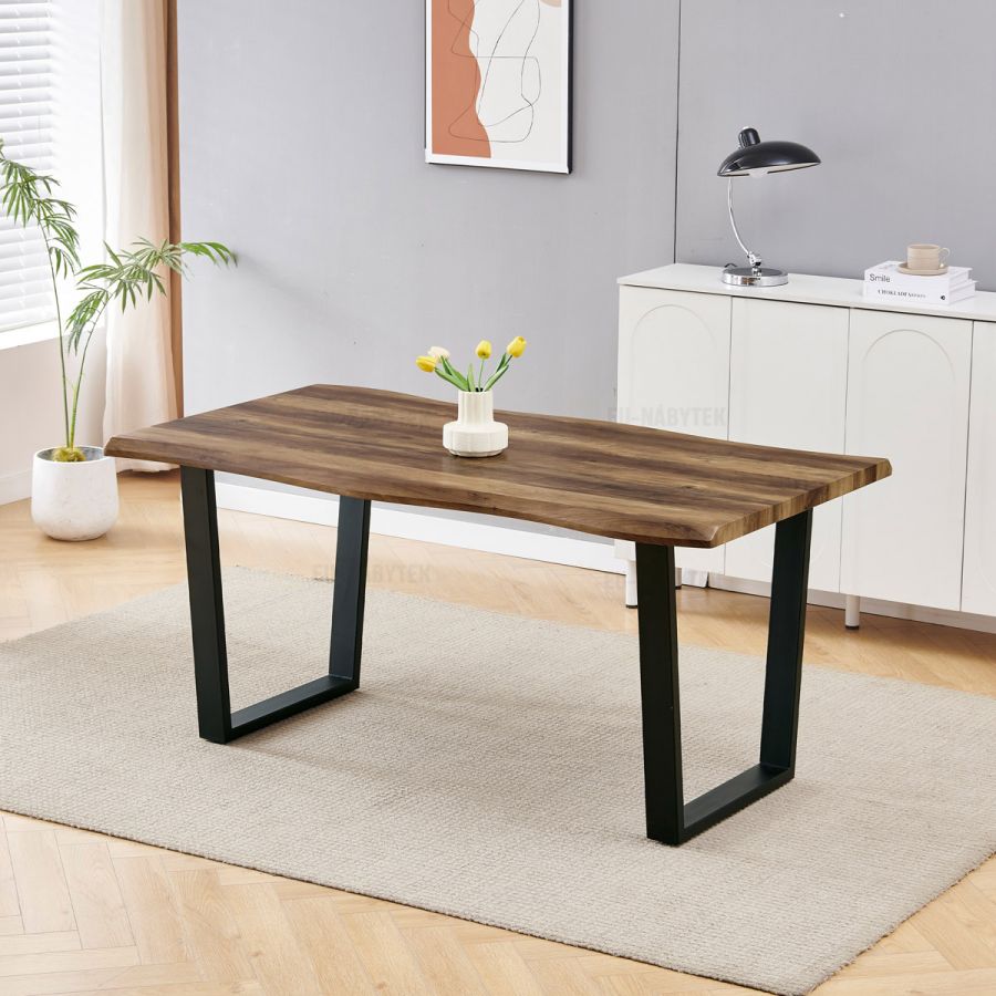 Stůl jídelní, 160x90x75 cm, MDF deska, dekor staré dřevo, kovová nohy ve tvaru U, černý matný lak
