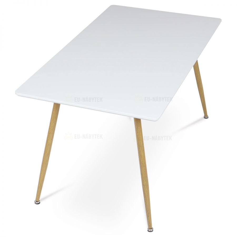 Stůl jídelní 140x80, MDF, bílá matná deska, kovové nohy v barvě dubu.