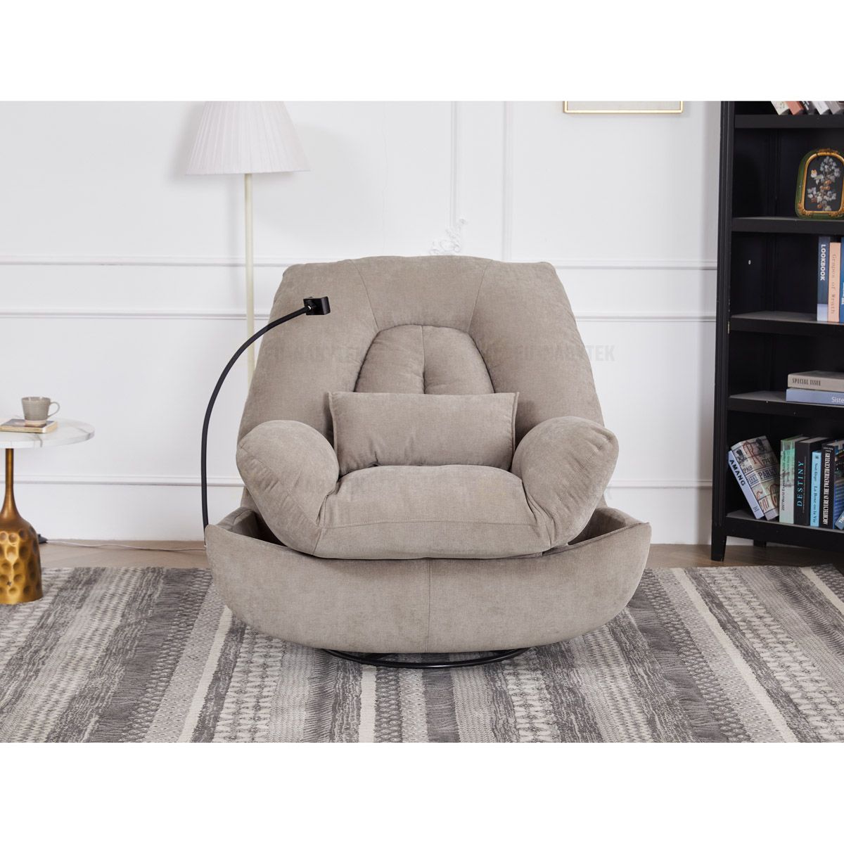 TV křeslo s elektrickým polohováním, držák telefonu, uložný box, zabudované ovládání, USB-A a USB-C, rotace do 240°, hou