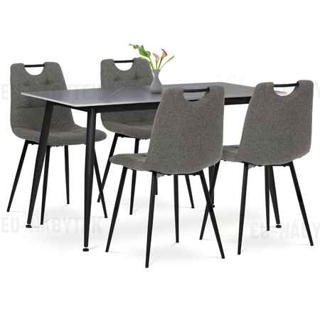 Jídelní set 1+4, stůl 130x70, deska slinutý kámen v imitaci šedého matného mramoru, židle šedá látka, madlo černý lak