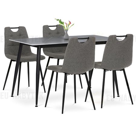 Jídelní set 1+4, stůl 130x70, deska slinutý kámen v imitaci šedého matného mramoru, židle šedá látka, madlo černý lak
