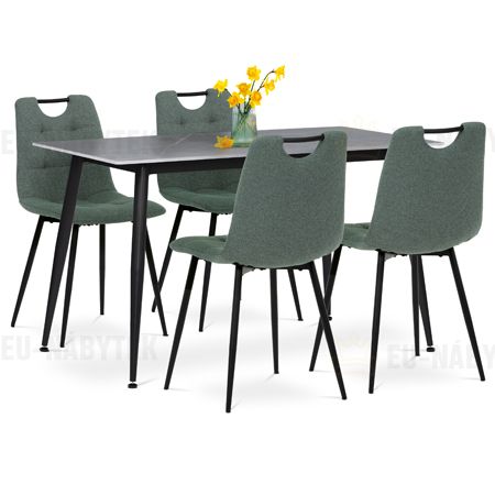 Jídelní set 1+4, stůl 130x70, deska slinutý kámen v imitaci šedého matného mramoru, židle zelená látka, madlo černý lak