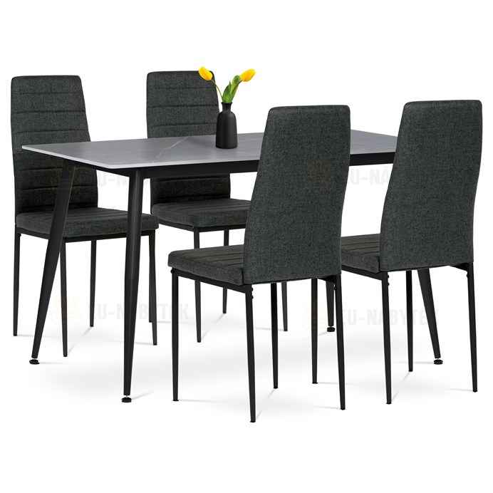 Jídelní set 1+4, stůl 130x70, deska slinutý kámen v imitaci šedého matného mramoru, židle zelená látka, černý lak