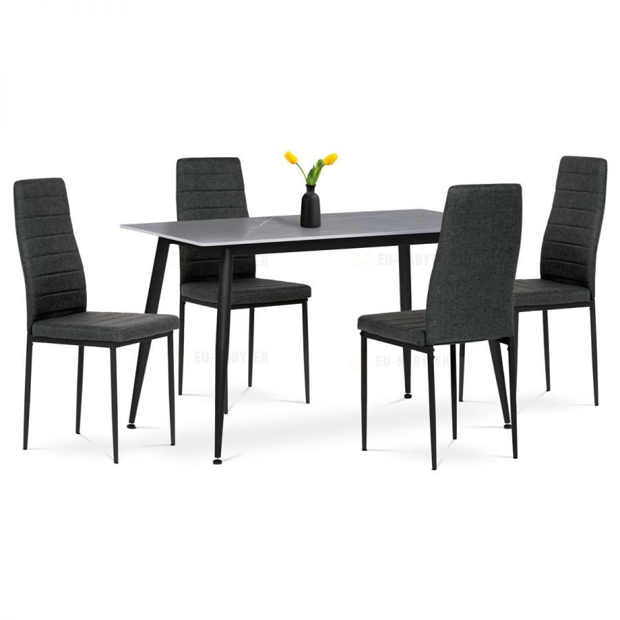 Jídelní set 1+4, stůl 130x70, deska slinutý kámen v imitaci šedého matného mramoru, židle zelená látka, černý lak