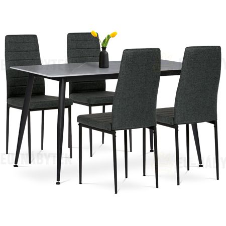 Jídelní set 1+4, stůl 130x70, deska slinutý kámen v imitaci šedého matného mramoru, židle zelená látka, černý lak