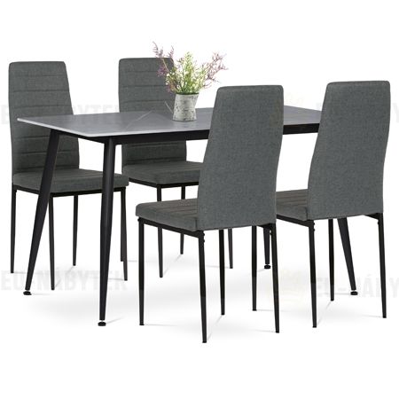 Jídelní set 1+4, stůl 130x70, deska slinutý kámen v imitaci šedého matného mramoru, židle šedá látka, černý lak