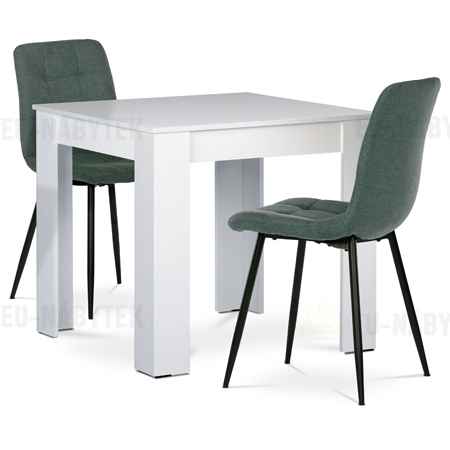 Jídelní set 1+2, stůl 80x80 cm, bílá MDF, židle zelená látka, černý lak