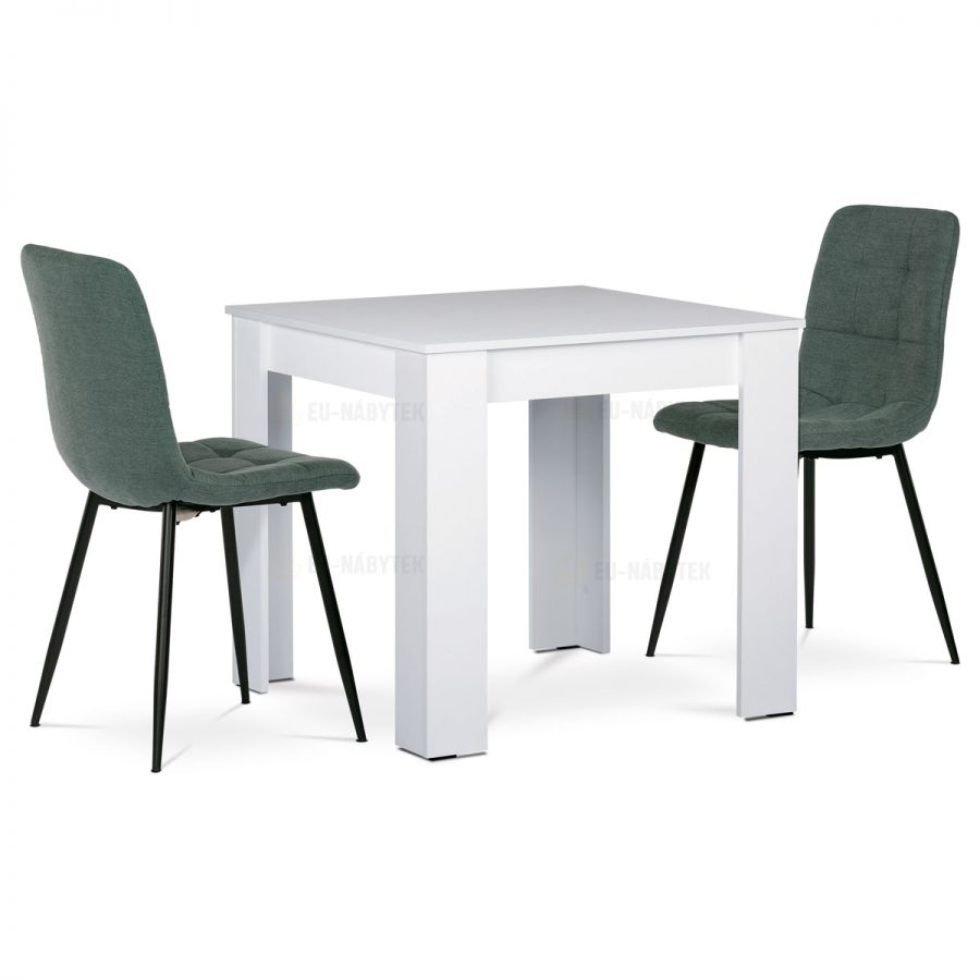 Jídelní set 1+2, stůl 80x80 cm, bílá MDF, židle zelená látka, černý lak