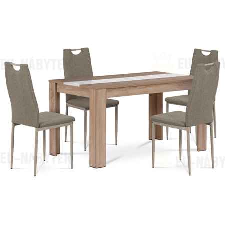 Jídelní set 1+4, stůl 138x80 cm, MDF dub sonoma, židle cappucino. látka a lak