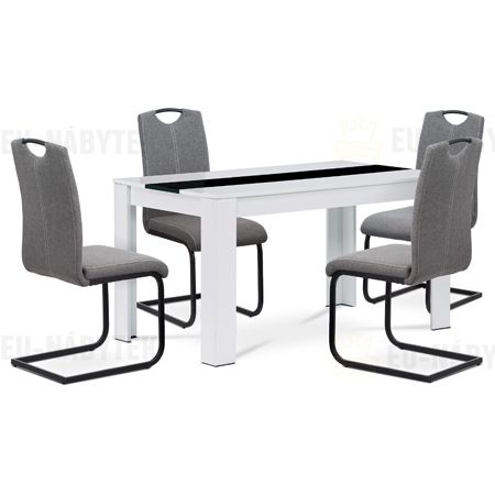 Jídelní set 1+4, stůl 138x80 cm, bílá MDF, židle šedá látka, černý lak
