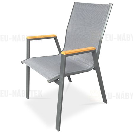 Židle zahradní šedý textilen, šedá kovová konstrukce, područky polywood v dekoru dubu