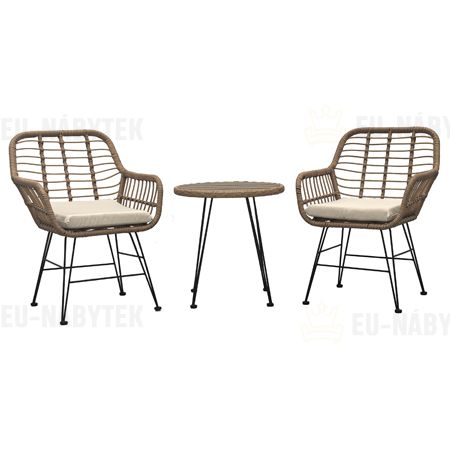 Relaxační set stůl + 2 židle, kov, umělý ratan, látka béžová, deska stolku polywood