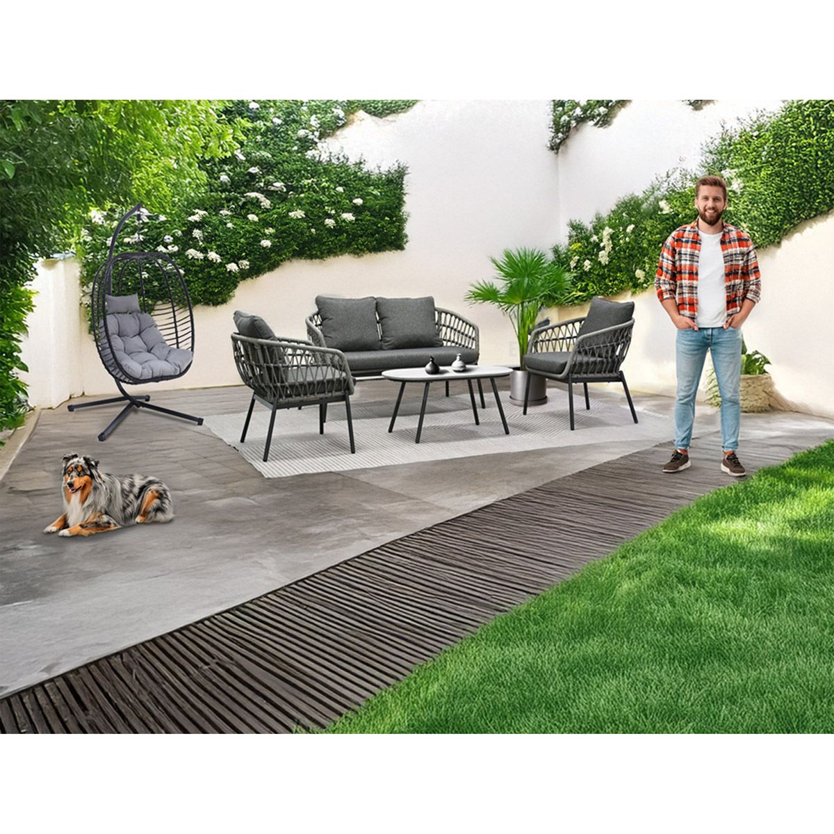 Zahradní set 1+1+2, stůl 90x48, židle a dvojsedačka, Antracitový umělý ratan, kov antracit, tmavě šedá látka.