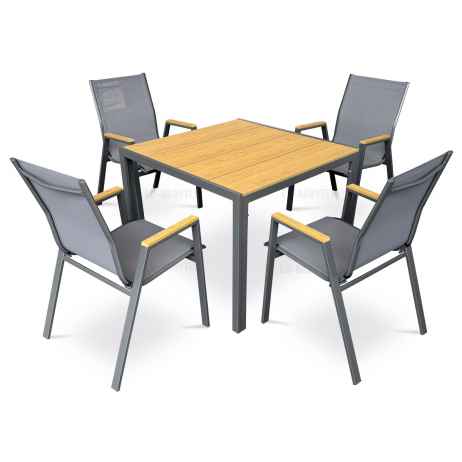 Stůl zahradní 90x90x73, deska polywood v dekoru dubu, šedá kovová konstrukce