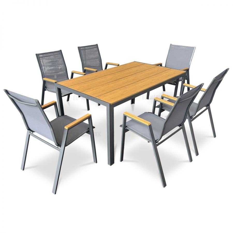 Stůl zahradní 150x90x73, deska polywood v dekoru dubu, šedá kovová konstrukce