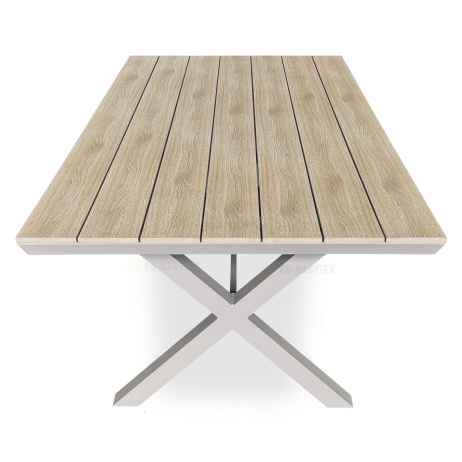 Stůl zahradní 180x100x75, deska polywood v dekoru světlého dubu, hliníková konstrukce, béžová barva