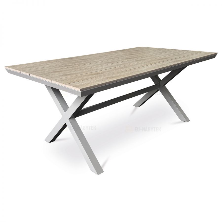 Stůl zahradní 180x100x75, deska polywood v dekoru světlého dubu, hliníková konstrukce, béžová barva