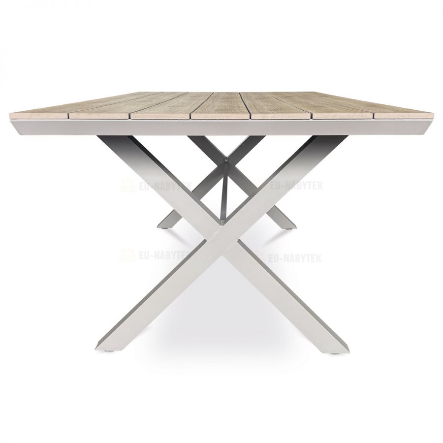 Stůl zahradní 180x100x75, deska polywood v dekoru světlého dubu, hliníková konstrukce, béžová barva