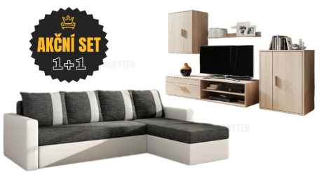Set rozkládací rohová sedačka TIMO L + obývací stěna HONGKONG dub sonoma