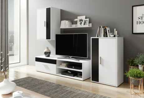 Set rozkládací rohová sedačka TIMO L + obývací stěna HONGKONG bílá / černá