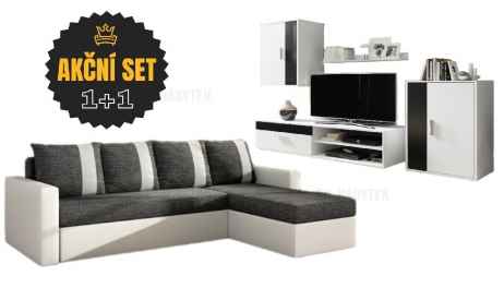 Set rozkládací rohová sedačka TIMO L + obývací stěna HONGKONG bílá / černá