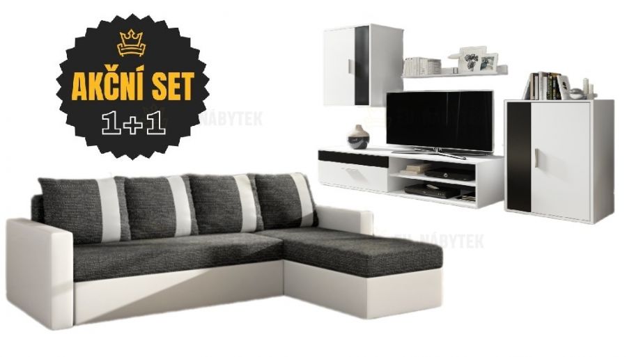Set rozkládací rohová sedačka TIMO L + obývací stěna HONGKONG bílá / černá