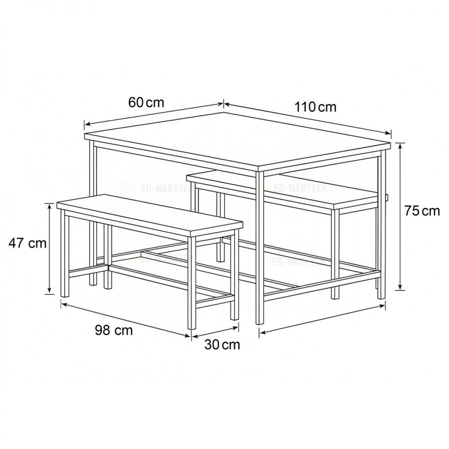 Jídelní set 1+2, rozměr stolu 110x60x75, rozměr lavice 98x30x47, MDF, barva staré dřevo