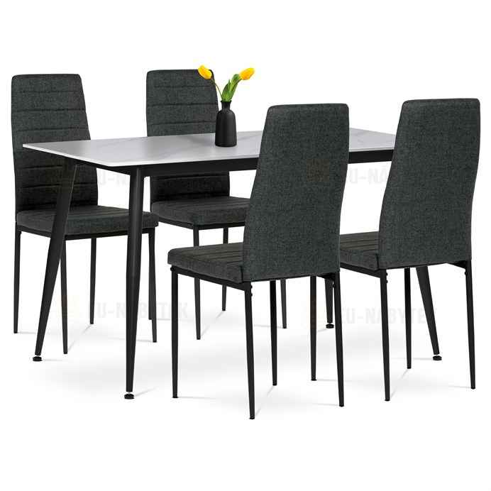 Jídelní set 1+4, stůl 130x70, deska slinutý kámen v imitaci bílého matného mramoru, židle zelená látka, černý lak