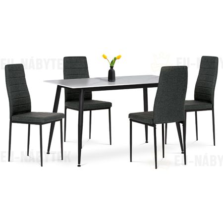 Jídelní set 1+4, stůl 130x70, deska slinutý kámen v imitaci bílého matného mramoru, židle zelená látka, černý lak