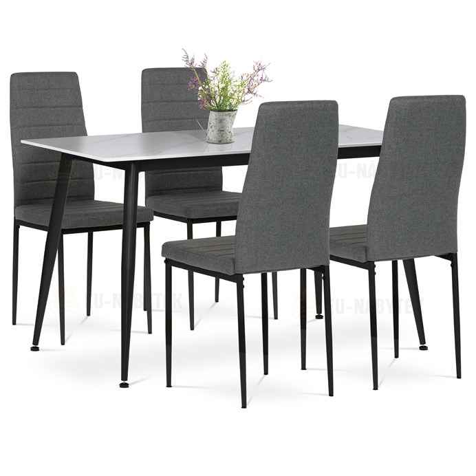 Jídelní set 1+4, stůl 130x70, deska slinutý kámen v imitaci bílého matného mramoru, židle šedá látka, černý lak