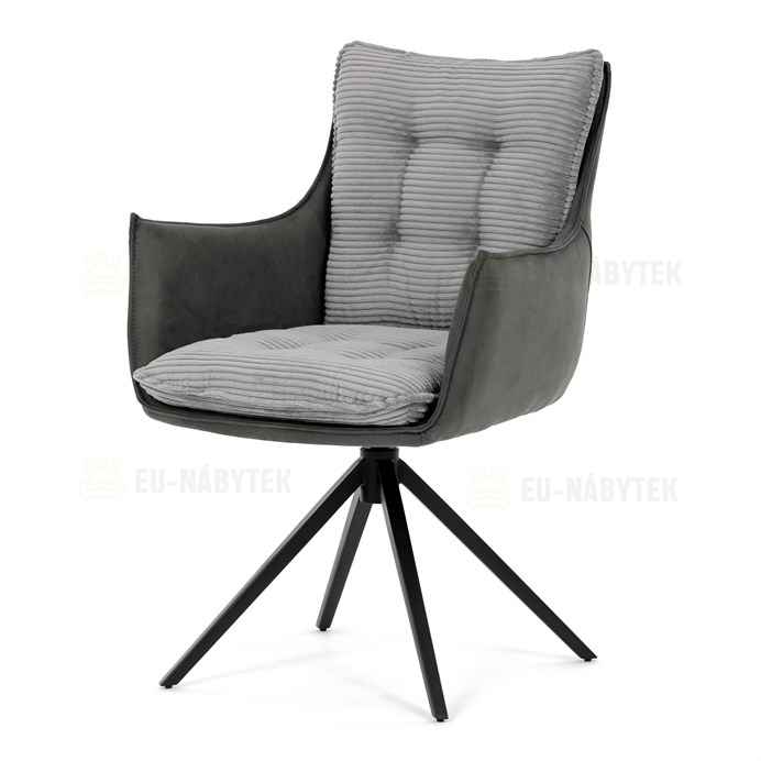 Židle jídelní, šedá látka, 360° vratný mechanismus, černý kov