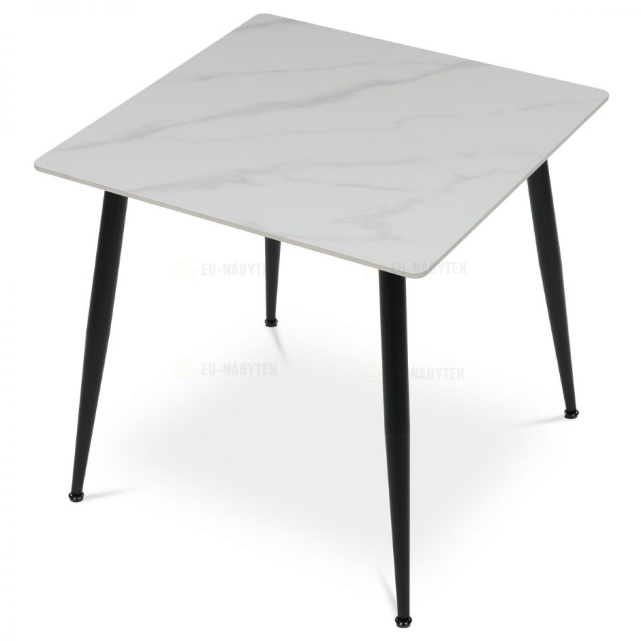 Stůl jídelní 80x80 cm, keramická deska bílý mramor, černé kovové nohy
