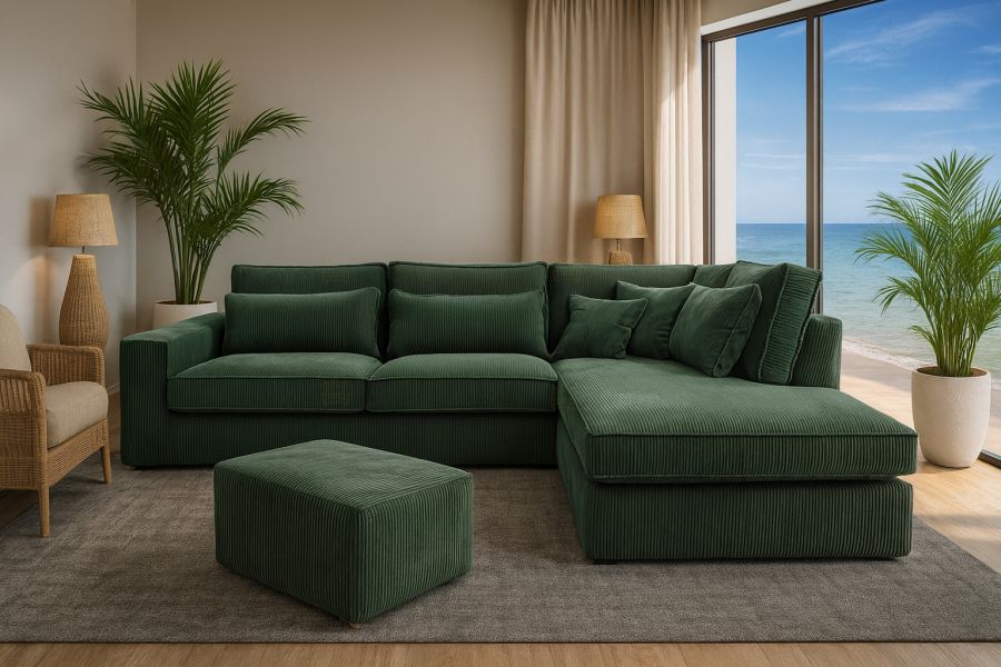 Rohová sedačka CORINA zelená + taburet
