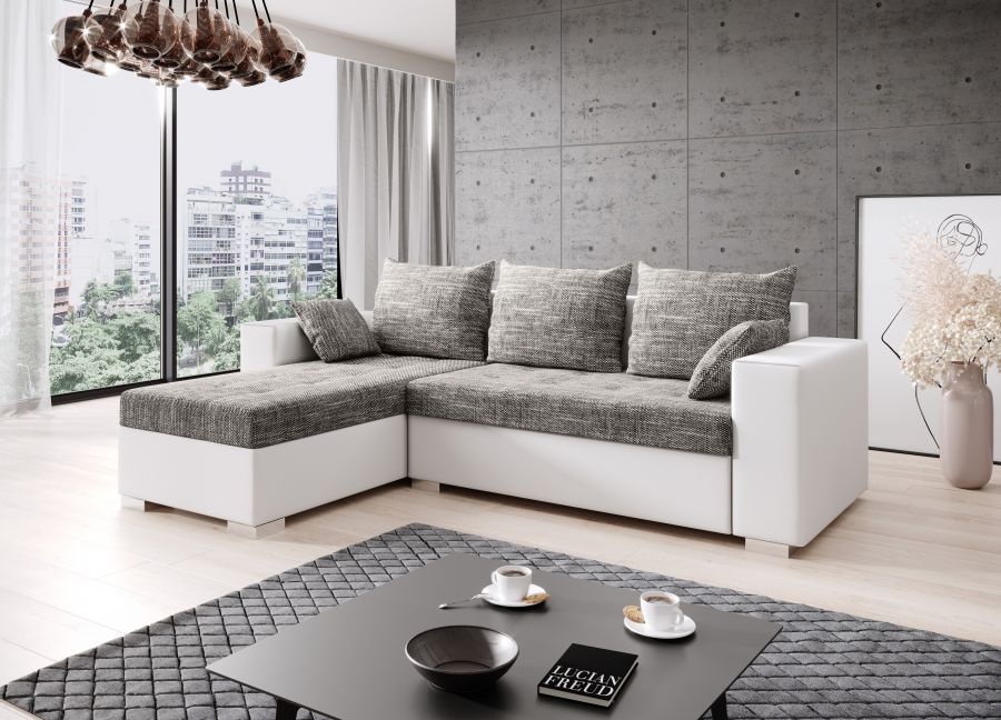 Rozkládací rohová sedačka LUTOS L 245x152 šedá melír / bílá