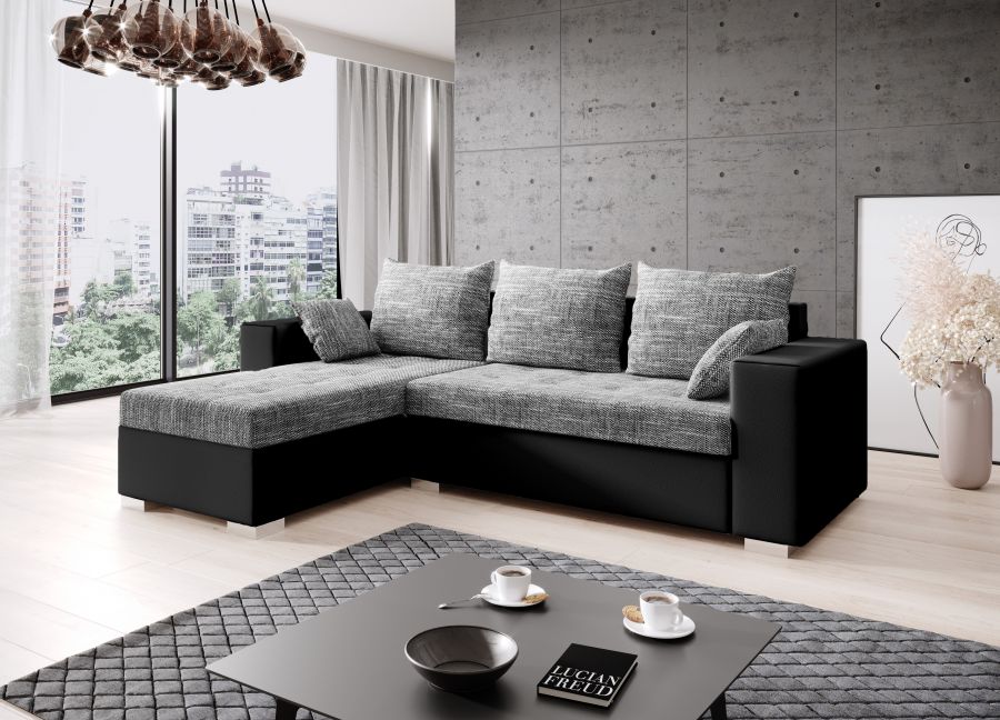 Rozkládací rohová sedačka LUTOS L 245x152 šedá melír / černá