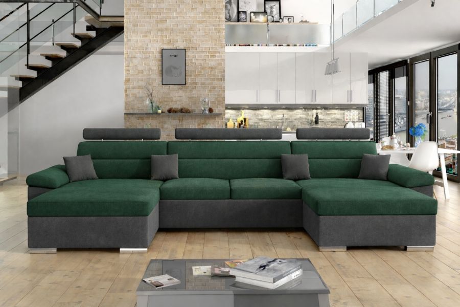 Rozkládací rohová sedačka LEILA U 375x160 zelená / šedá